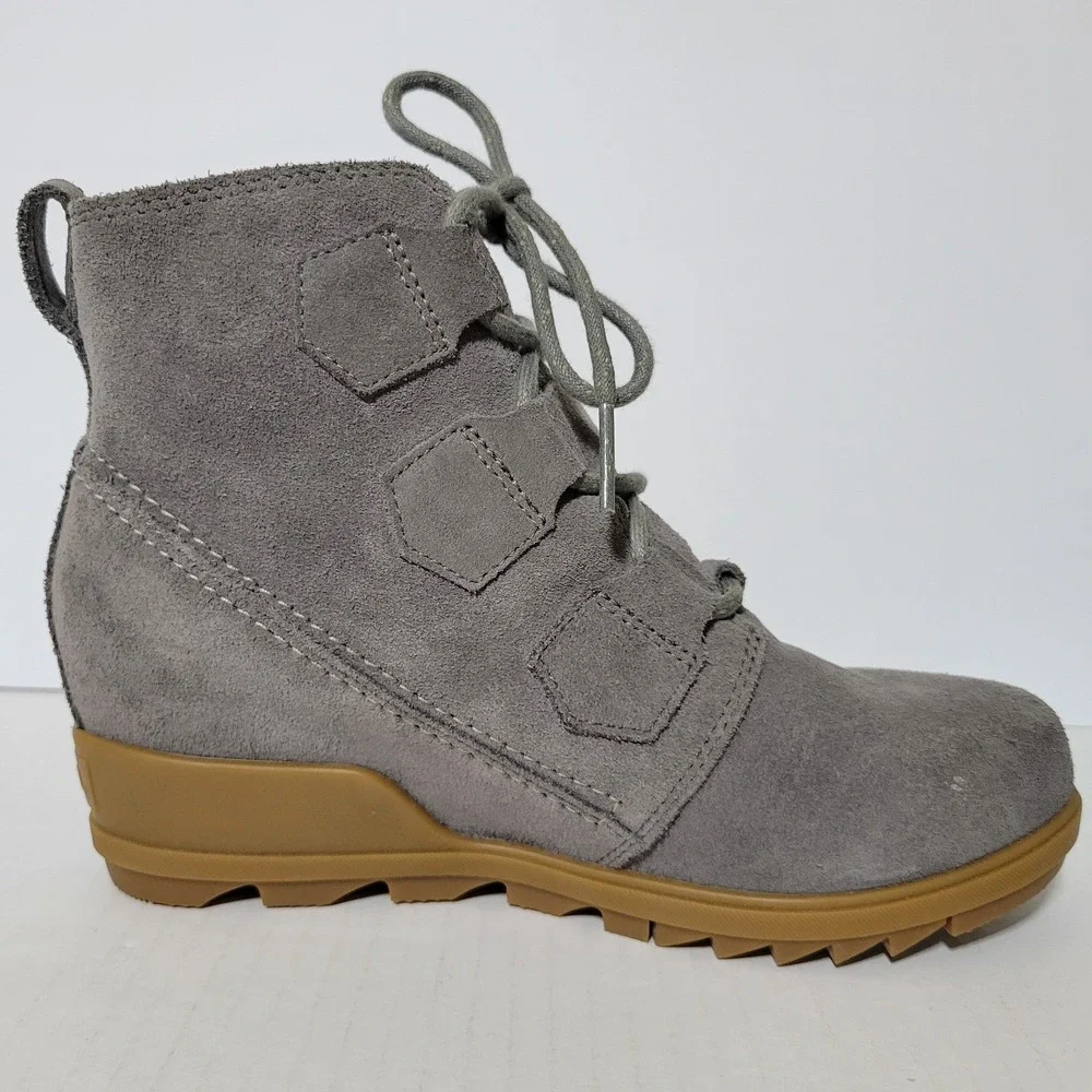 Sorel Evie Lace Wedge Bootie Boots Women Size 8 Gray Suede Leather Ankle